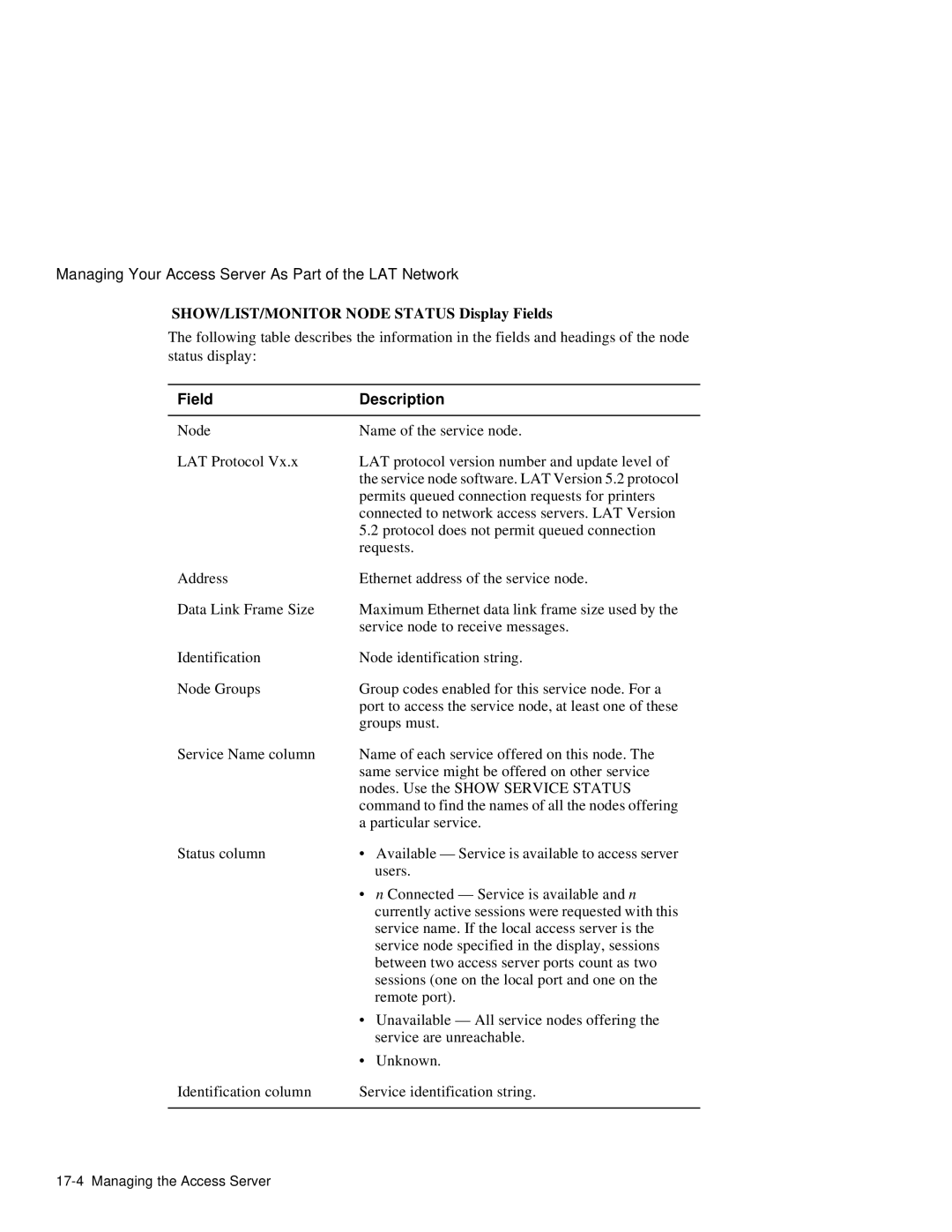 HP NetRider manual SHOW/LIST/MONITOR Node Status Display Fields, Field Description 