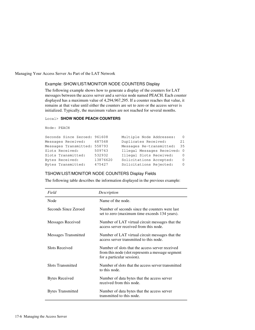 HP NetRider manual Example SHOW/LIST/MONITOR Node Counters Display, TSHOW/LIST/MONITOR Node Counters Display Fields 