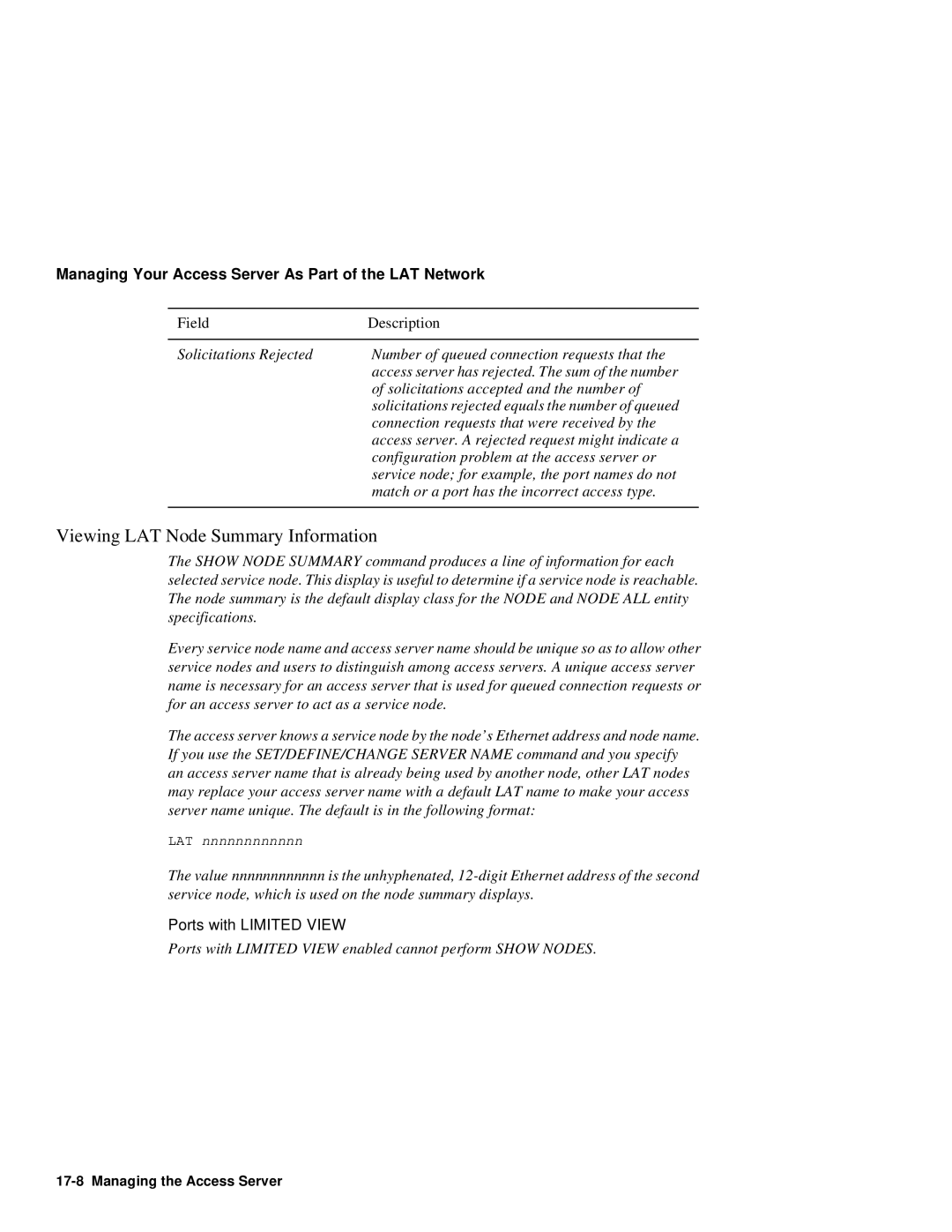 HP NetRider manual Viewing LAT Node Summary Information, Ports with Limited View 