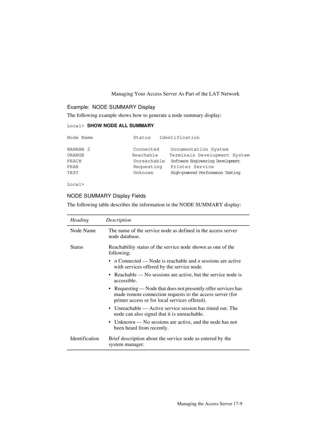 HP NetRider manual Example Node Summary Display, Node Summary Display Fields, Local Show Node ALL Summary 