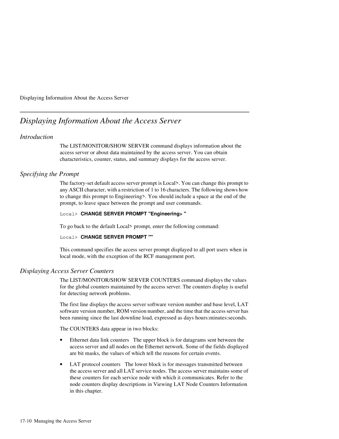 HP NetRider manual Displaying Information About the Access Server, Specifying the Prompt, Displaying Access Server Counters 