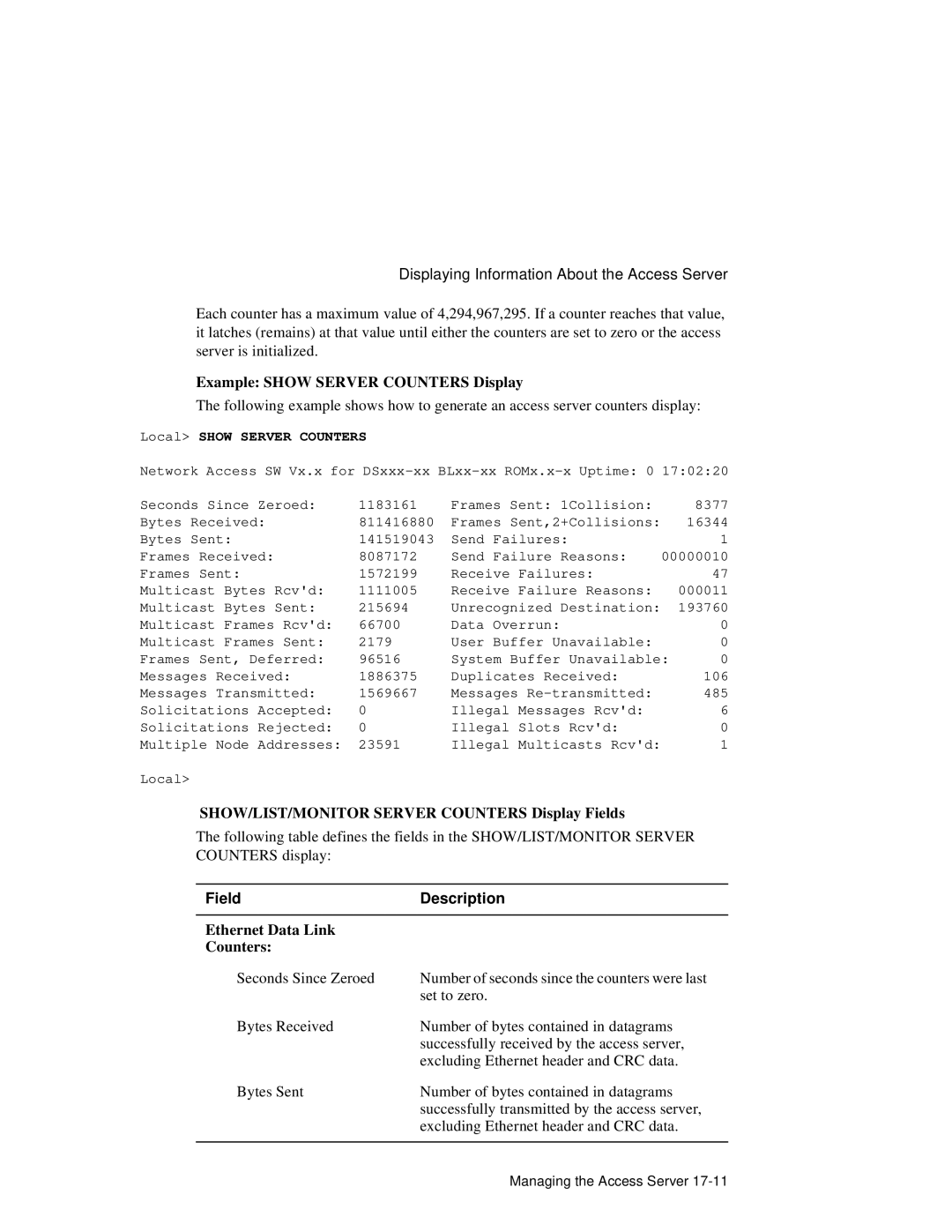 HP NetRider manual Example Show Server Counters Display, SHOW/LIST/MONITOR Server Counters Display Fields 