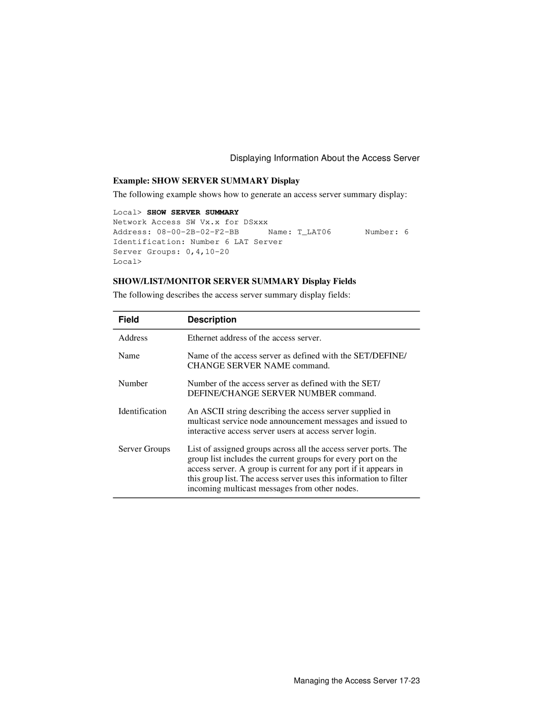 HP NetRider manual Example Show Server Summary Display, SHOW/LIST/MONITOR Server Summary Display Fields 