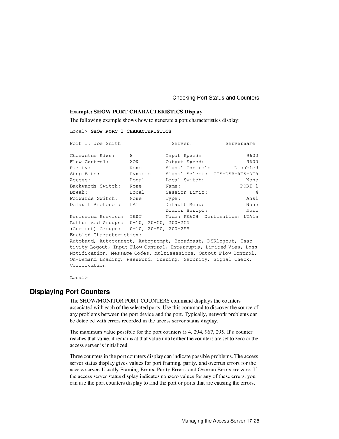 HP NetRider manual Displaying Port Counters, Example Show Port Characteristics Display, Local Show Port 1 Characteristics 