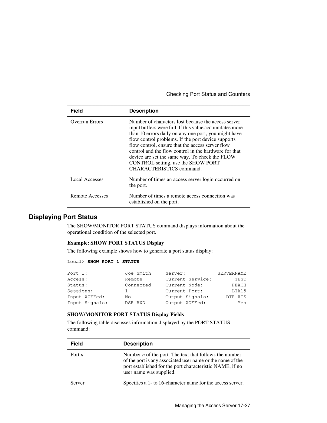 HP NetRider manual Displaying Port Status, Example Show Port Status Display, SHOW/MONITOR Port Status Display Fields 