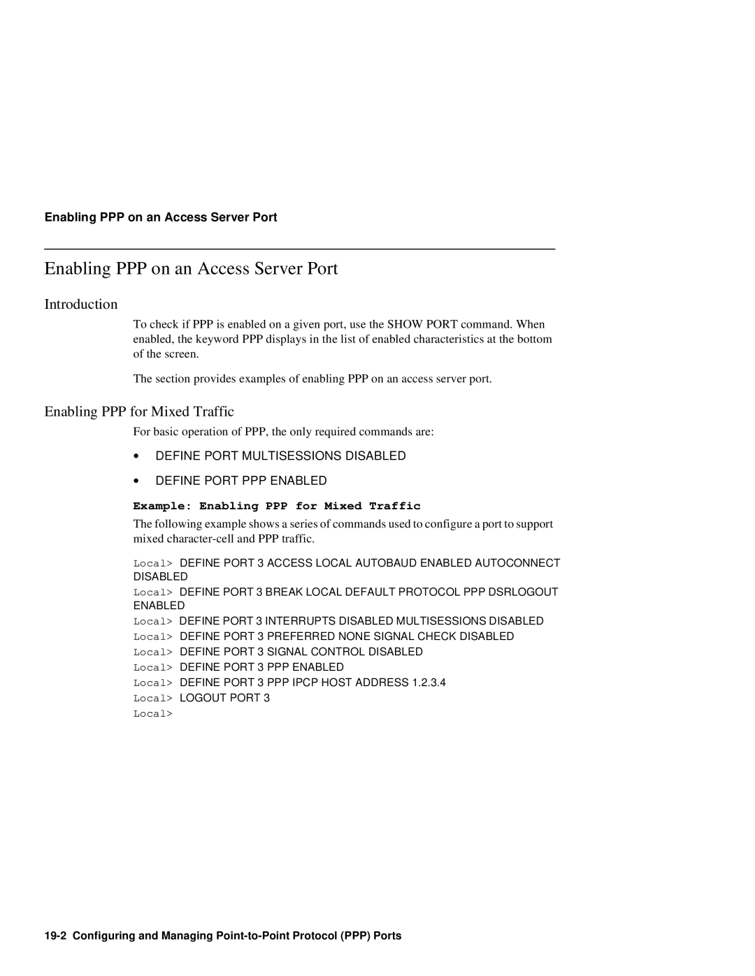 HP NetRider manual Enabling PPP on an Access Server Port, Example Enabling PPP for Mixed Traffic 