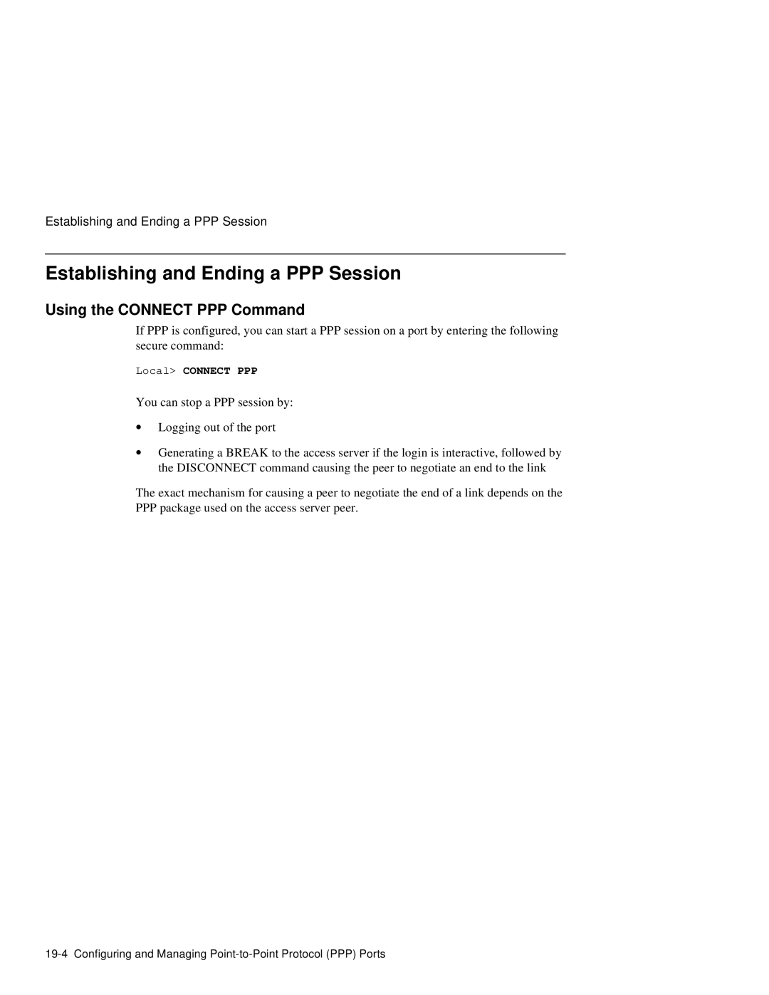 HP NetRider manual Establishing and Ending a PPP Session, Using the Connect PPP Command, Local Connect PPP 