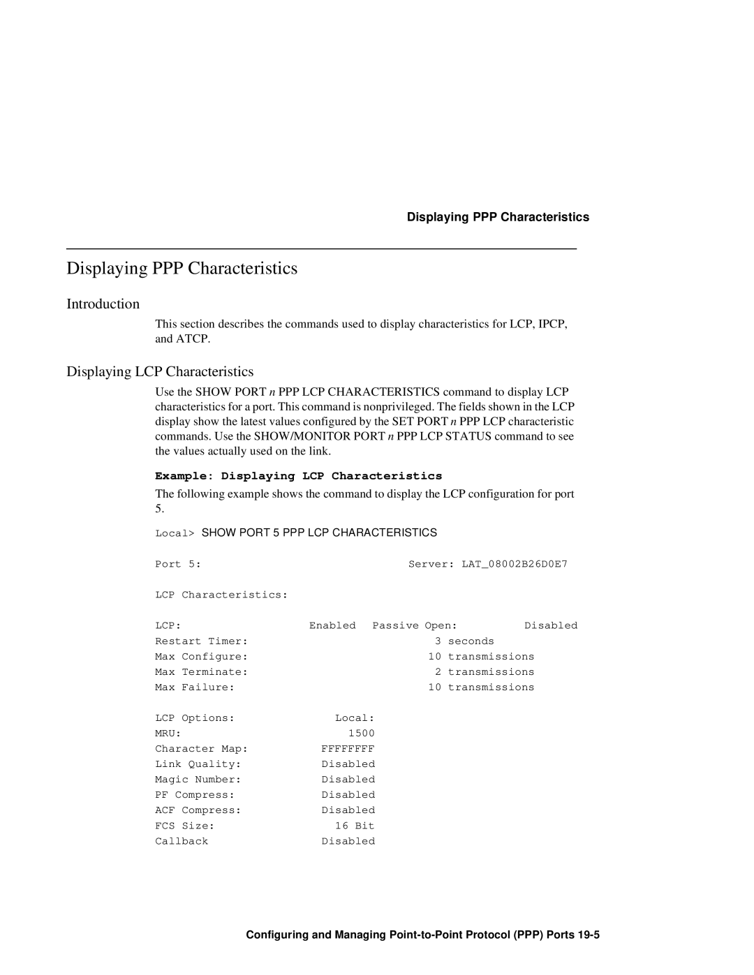 HP NetRider manual Displaying PPP Characteristics, Example Displaying LCP Characteristics 