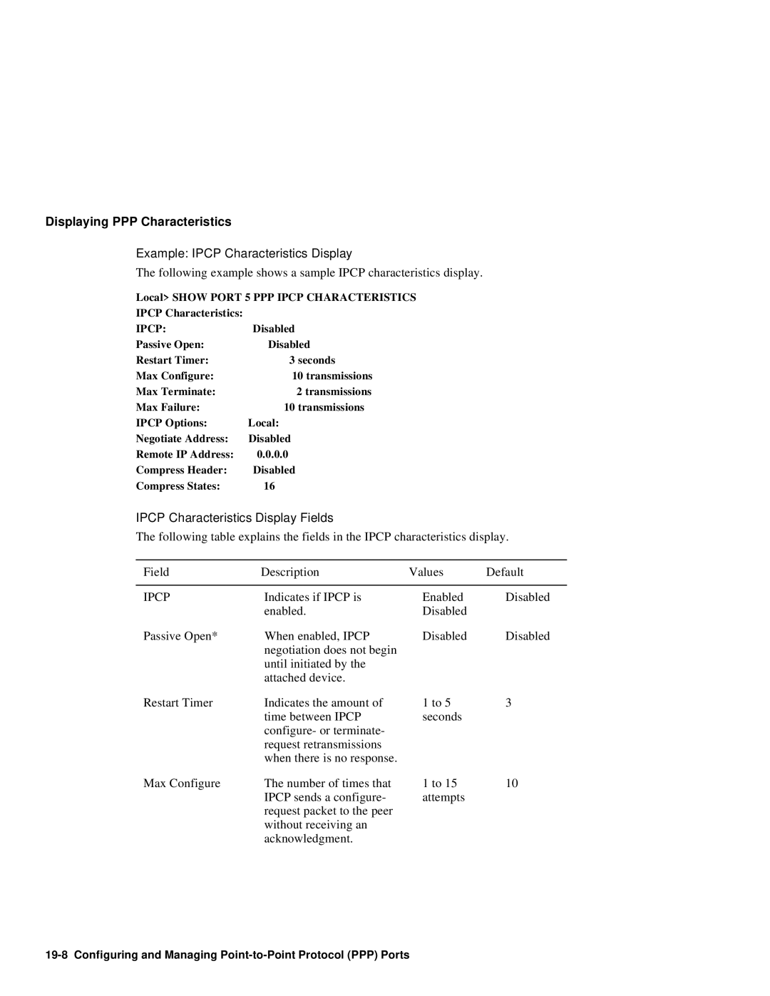 HP NetRider manual Example Ipcp Characteristics Display, Ipcp Characteristics Display Fields 