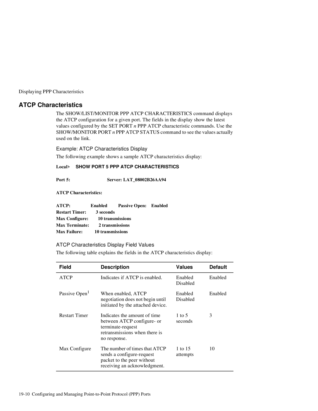 HP NetRider manual Example Atcp Characteristics Display, Atcp Characteristics Display Field Values 