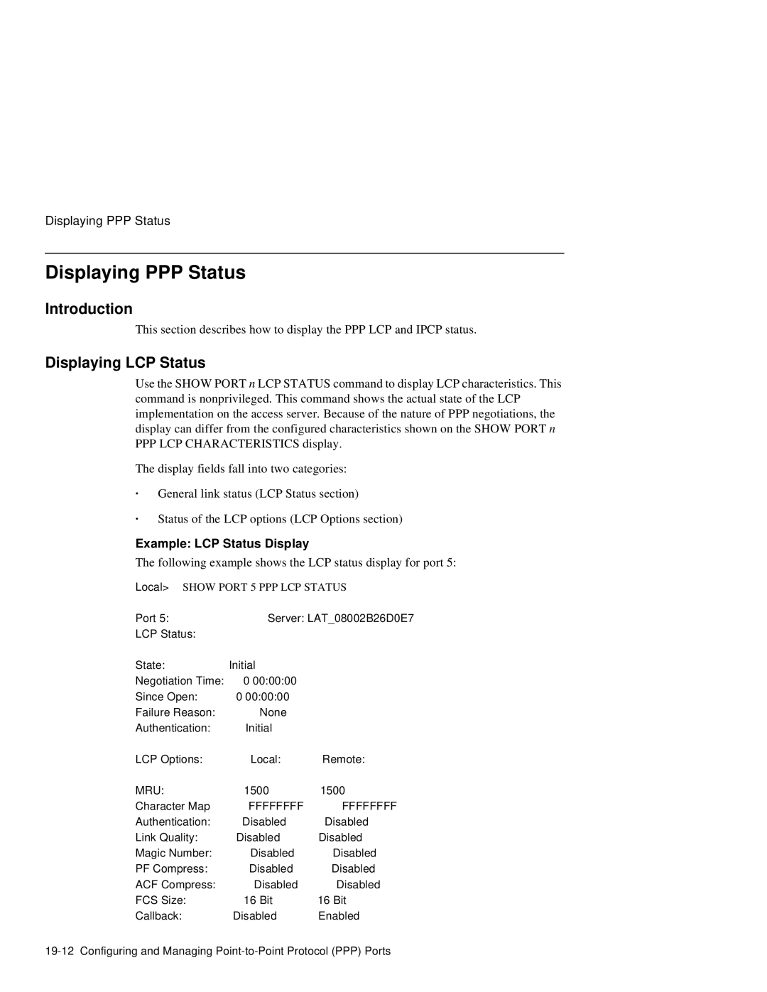 HP NetRider Displaying PPP Status, Displaying LCP Status, Example LCP Status Display, Local Show Port 5 PPP LCP Status 