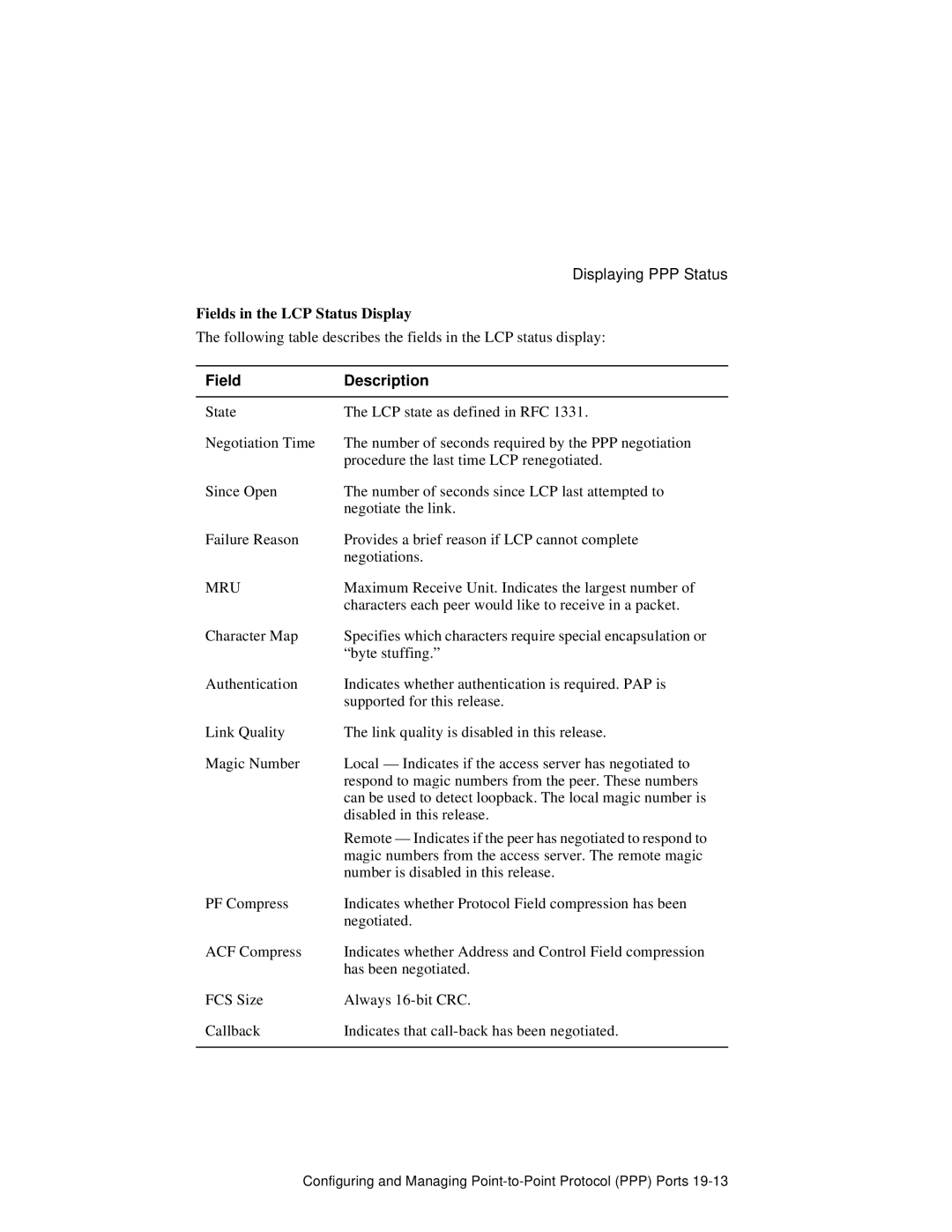 HP NetRider manual Fields in the LCP Status Display, Field Description 