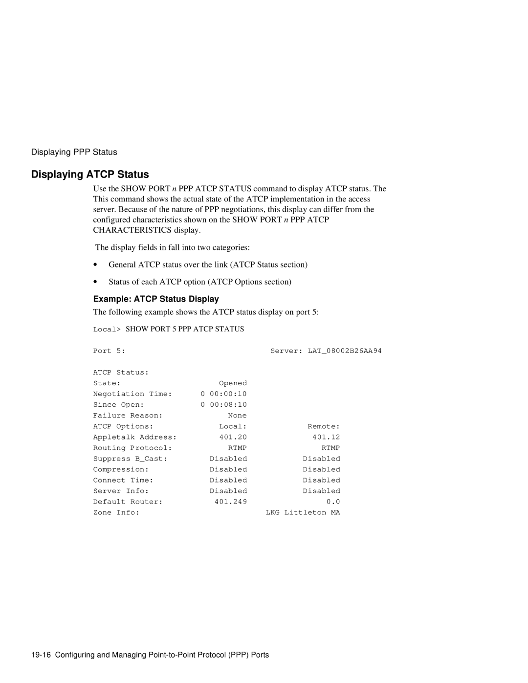 HP NetRider manual Displaying Atcp Status, Example Atcp Status Display, Local Show Port 5 PPP Atcp Status 