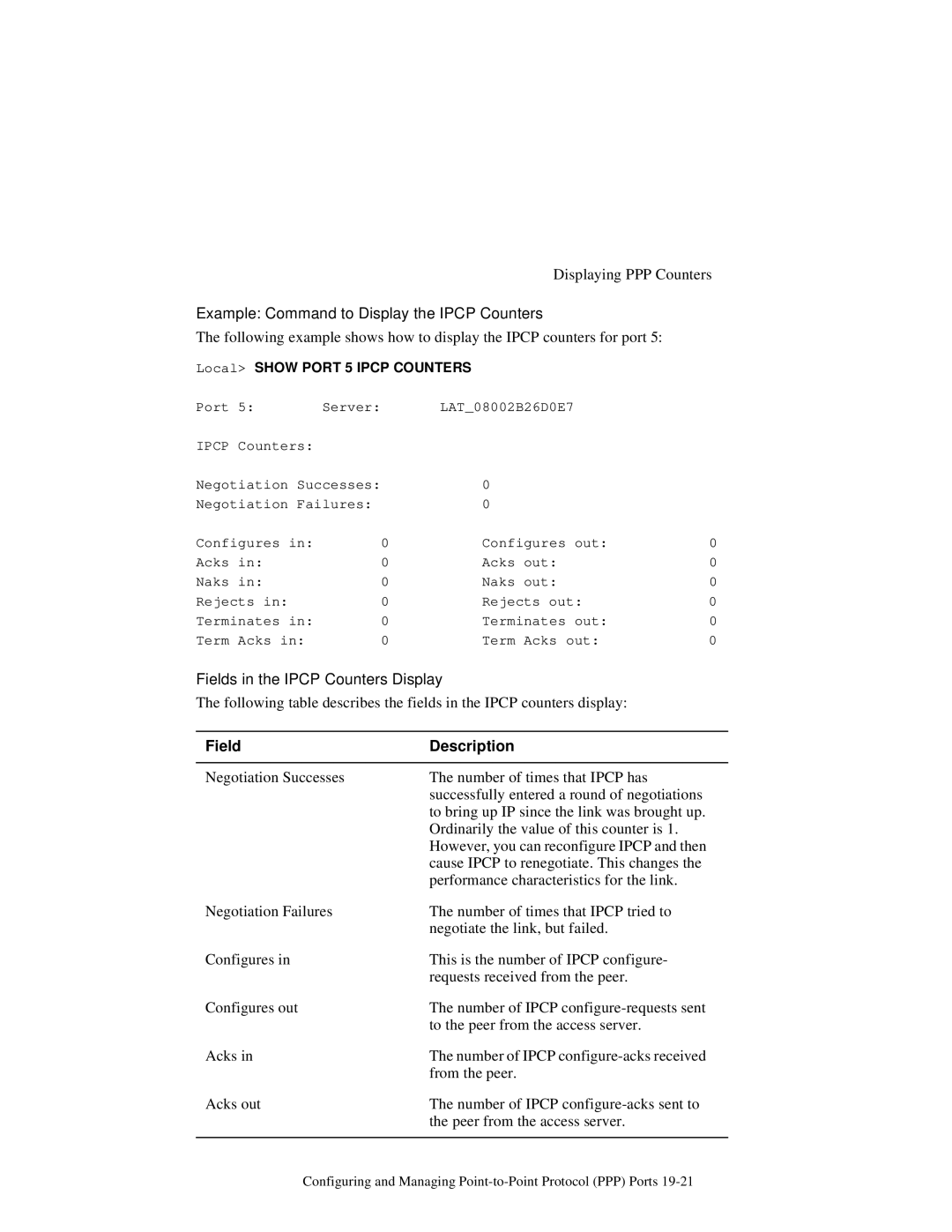 HP NetRider manual Example Command to Display the Ipcp Counters, Fields in the Ipcp Counters Display 