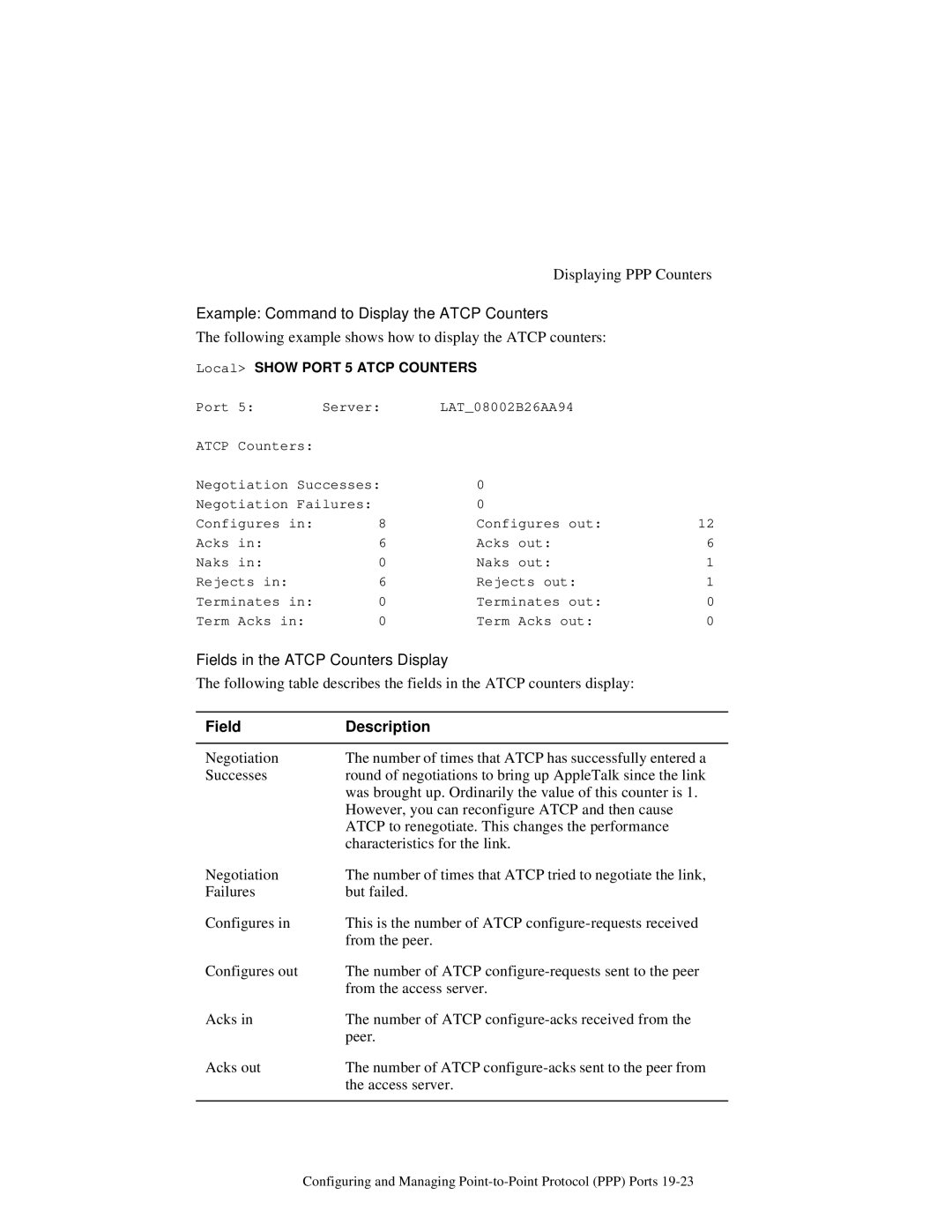 HP NetRider manual Example Command to Display the Atcp Counters, Fields in the Atcp Counters Display 