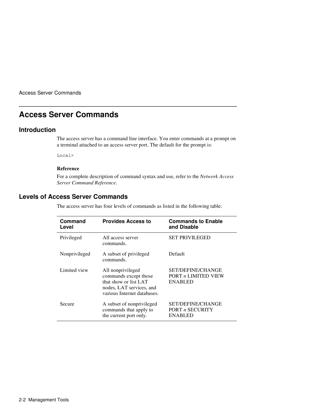 HP NetRider manual Levels of Access Server Commands, Command Provides Access to Commands to Enable Level Disable 