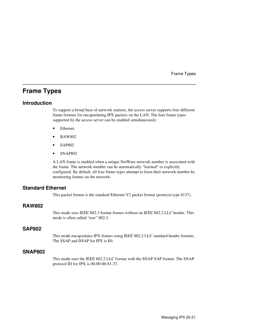 HP NetRider manual Frame Types, Standard Ethernet, RAW802, SAP802 