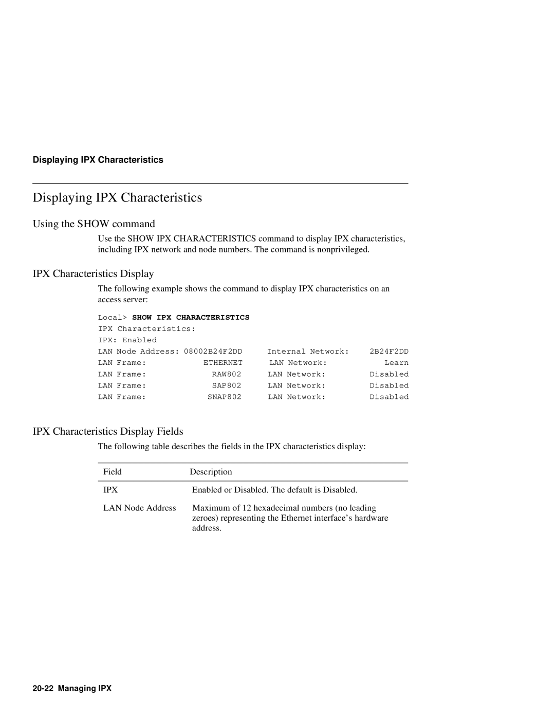 HP NetRider Displaying IPX Characteristics, IPX Characteristics Display Fields, Ipx, Local Show IPX Characteristics 