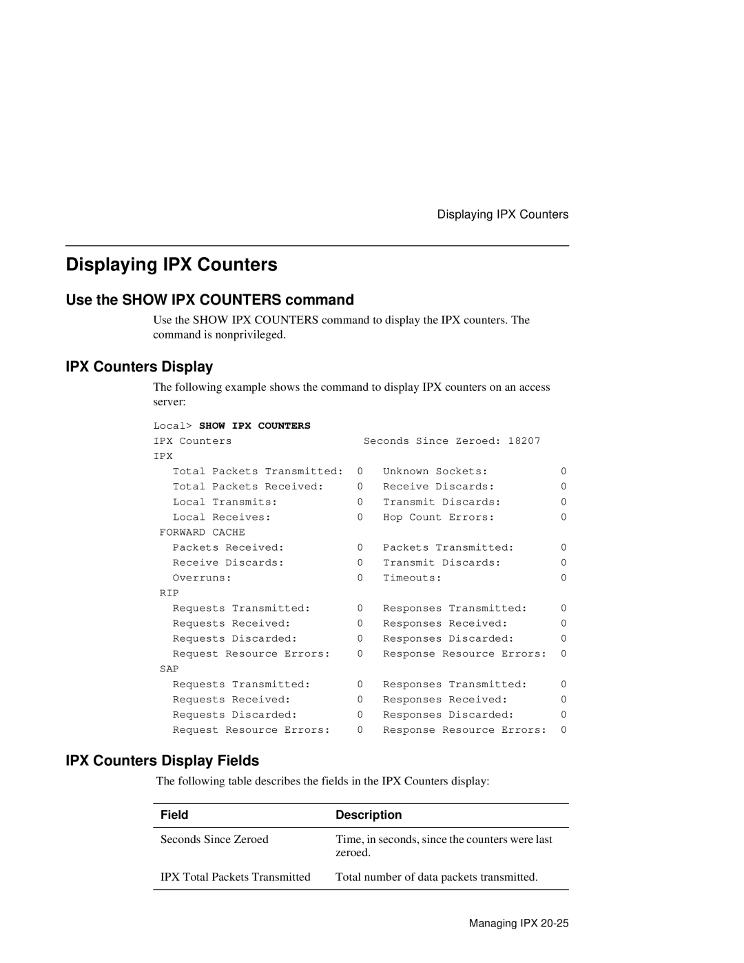 HP NetRider manual Displaying IPX Counters, Use the Show IPX Counters command, IPX Counters Display Fields 