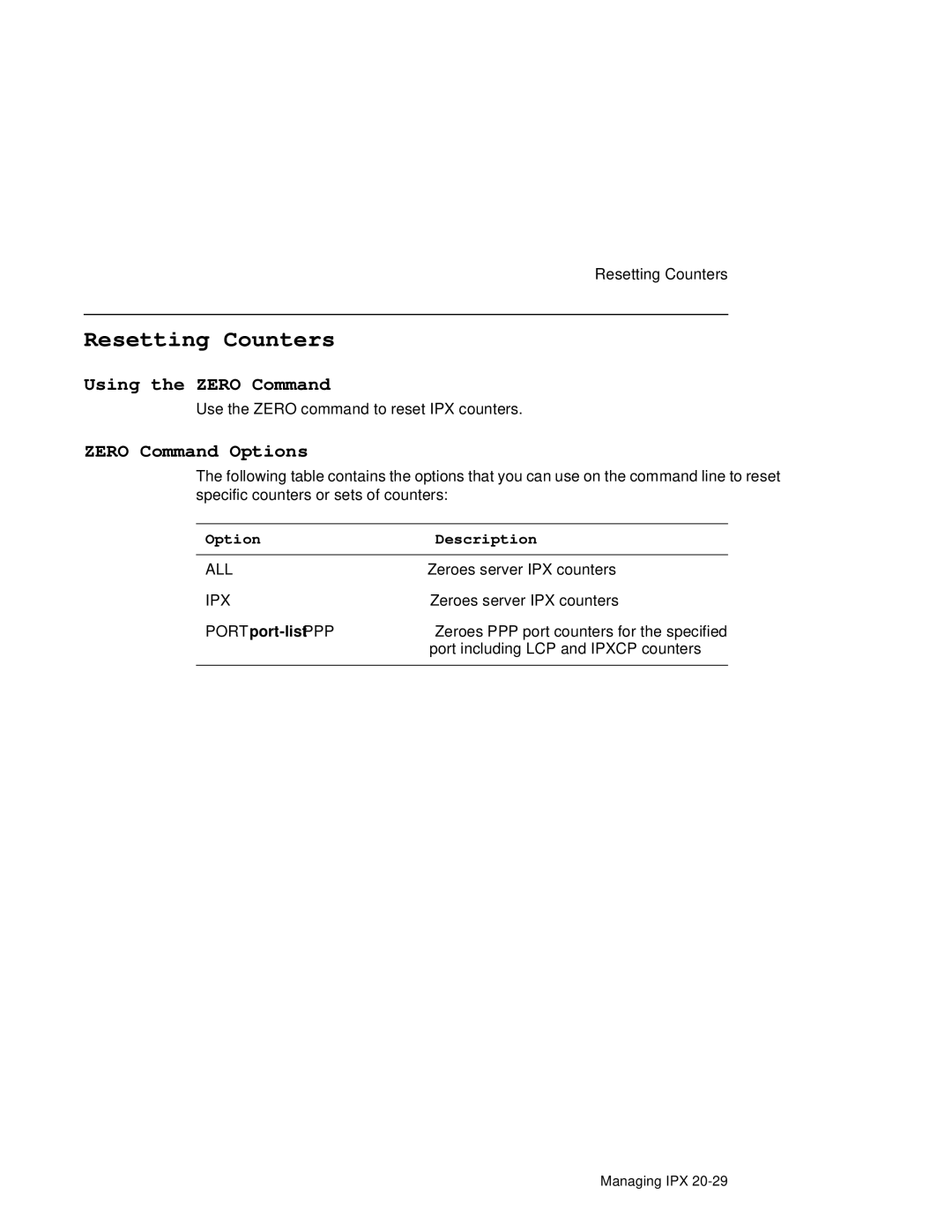 HP NetRider manual Resetting Counters, Using the Zero Command, Zero Command Options, Option Description 