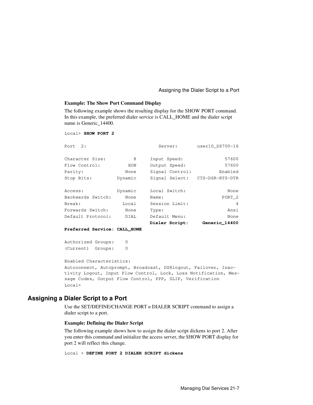 HP NetRider Assigning a Dialer Script to a Port, Example The Show Port Command Display, Example Defining the Dialer Script 