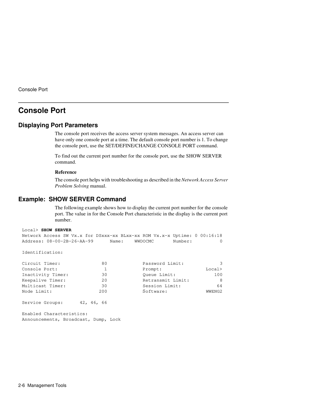 HP NetRider manual Console Port, Displaying Port Parameters, Example Show Server Command, Local Show Server 