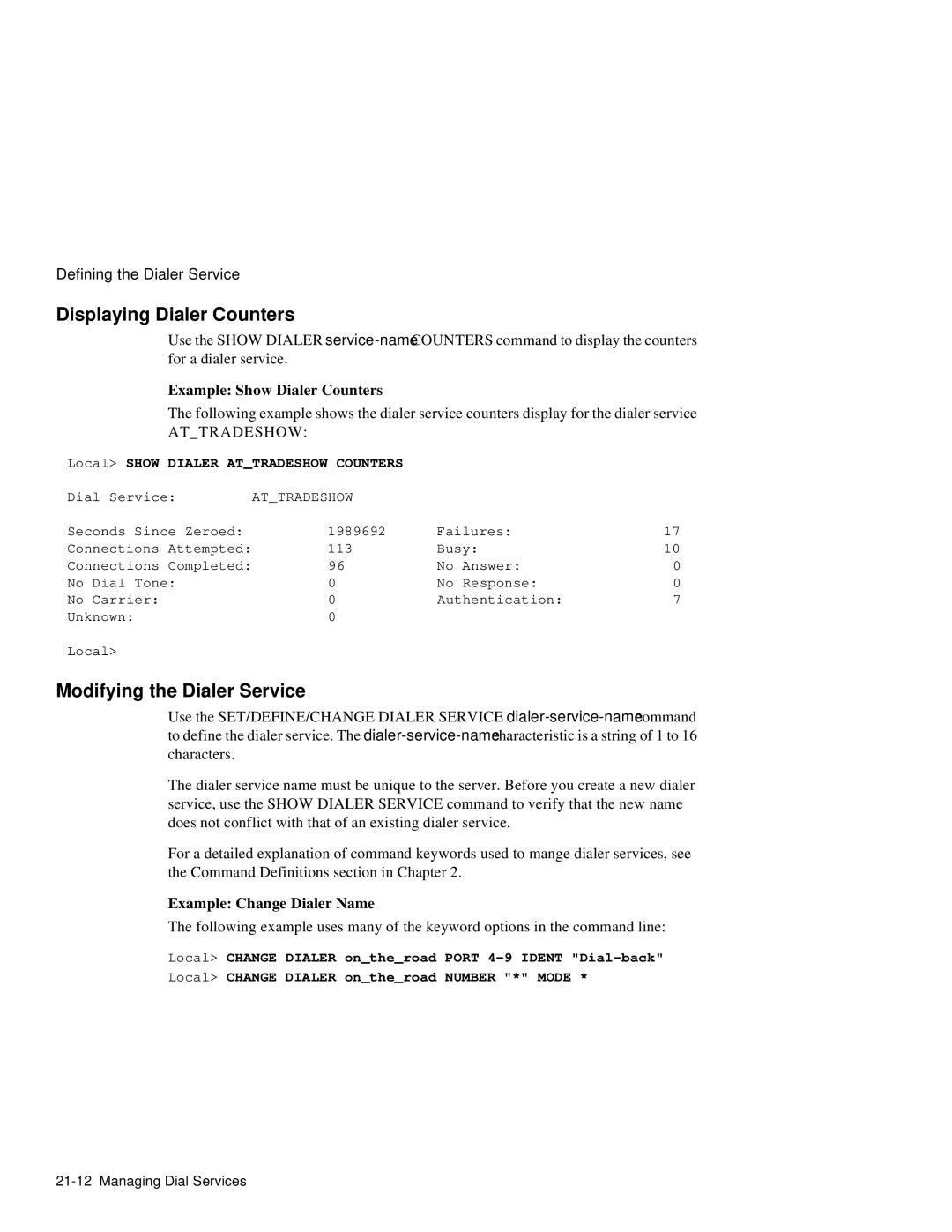 HP NetRider manual Displaying Dialer Counters, Modifying the Dialer Service, Example Show Dialer Counters, Attradeshow 