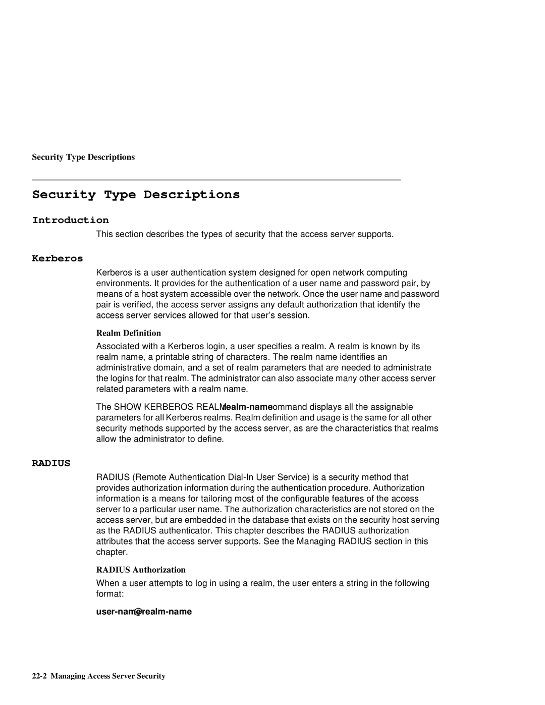 HP NetRider manual Security Type Descriptions, Kerberos, Realm Definition, Radius Authorization 