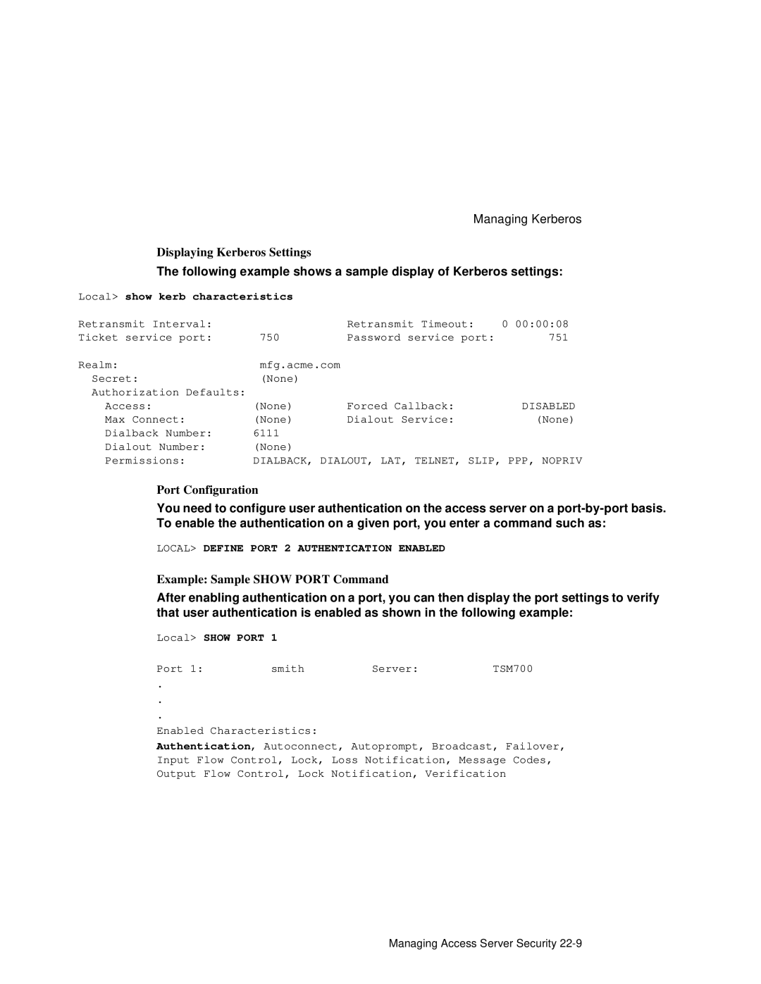 HP NetRider manual Displaying Kerberos Settings, Port Configuration, Example Sample Show Port Command 