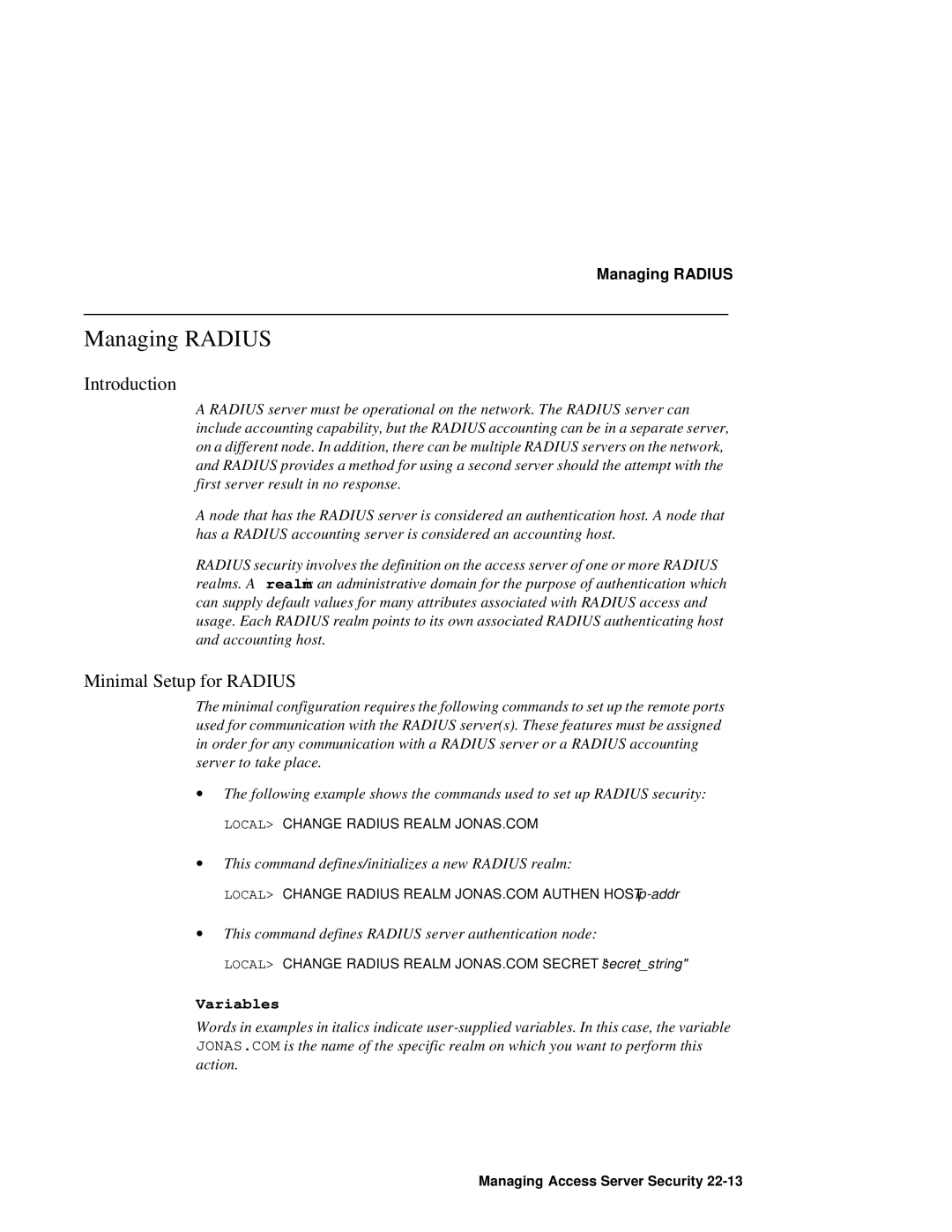 HP NetRider manual Managing Radius, Minimal Setup for Radius, Variables 