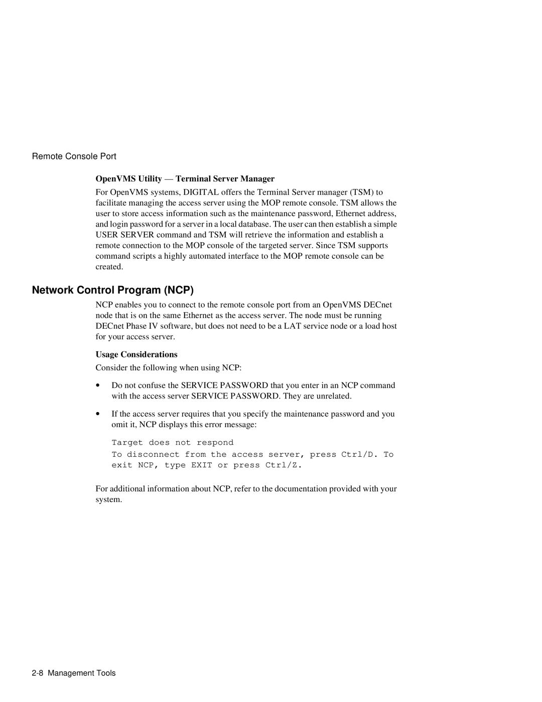 HP NetRider manual Network Control Program NCP, OpenVMS Utility Terminal Server Manager, Usage Considerations 