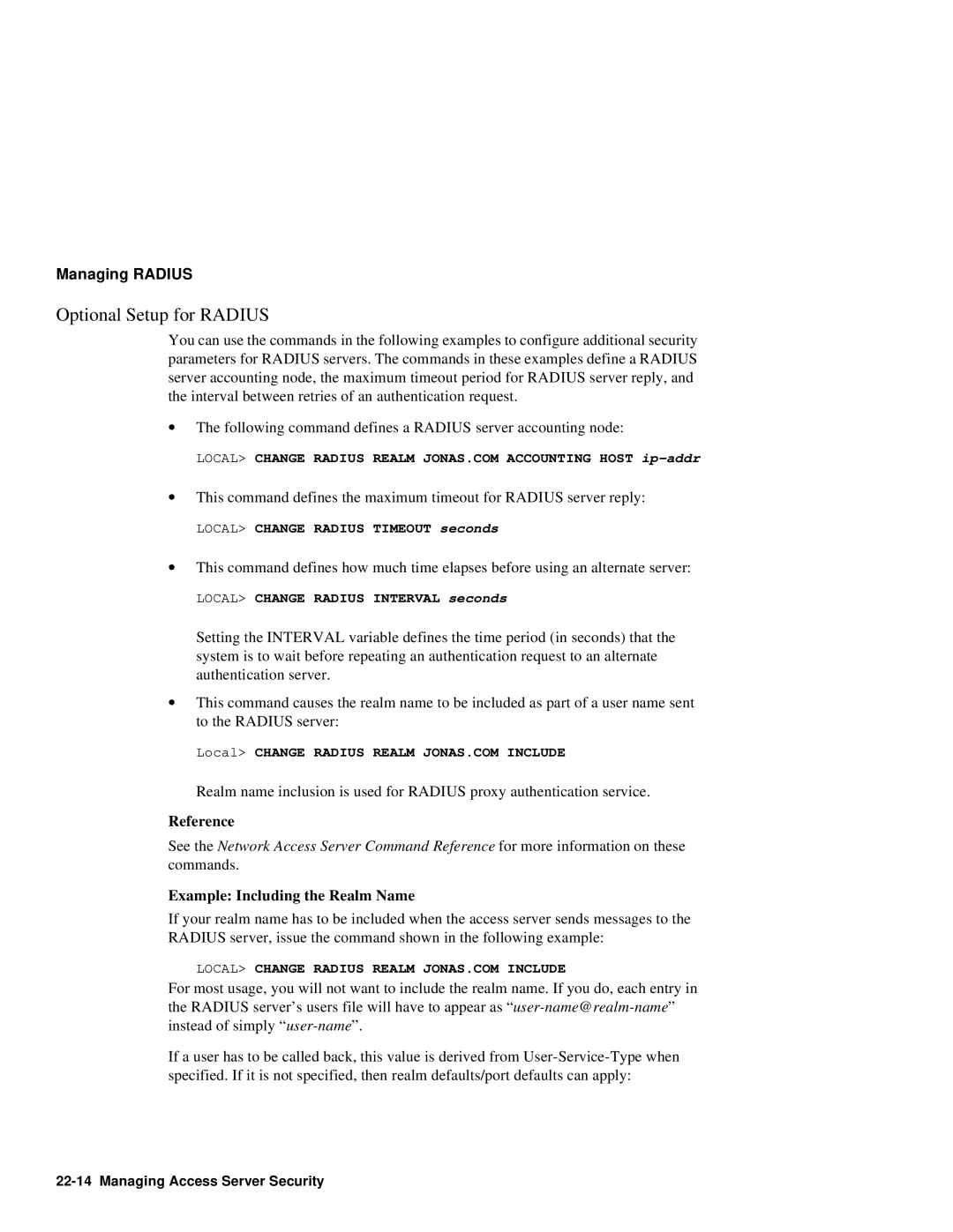 HP NetRider manual Optional Setup for Radius, Example Including the Realm Name, Local Change Radius Timeout seconds 