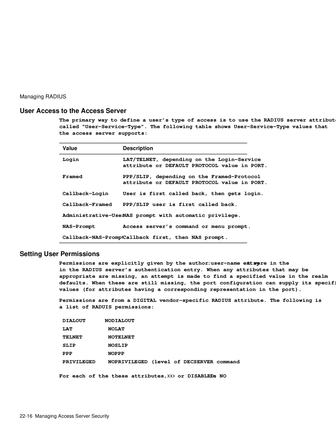 HP NetRider manual User Access to the Access Server, Setting User Permissions, Value Description 