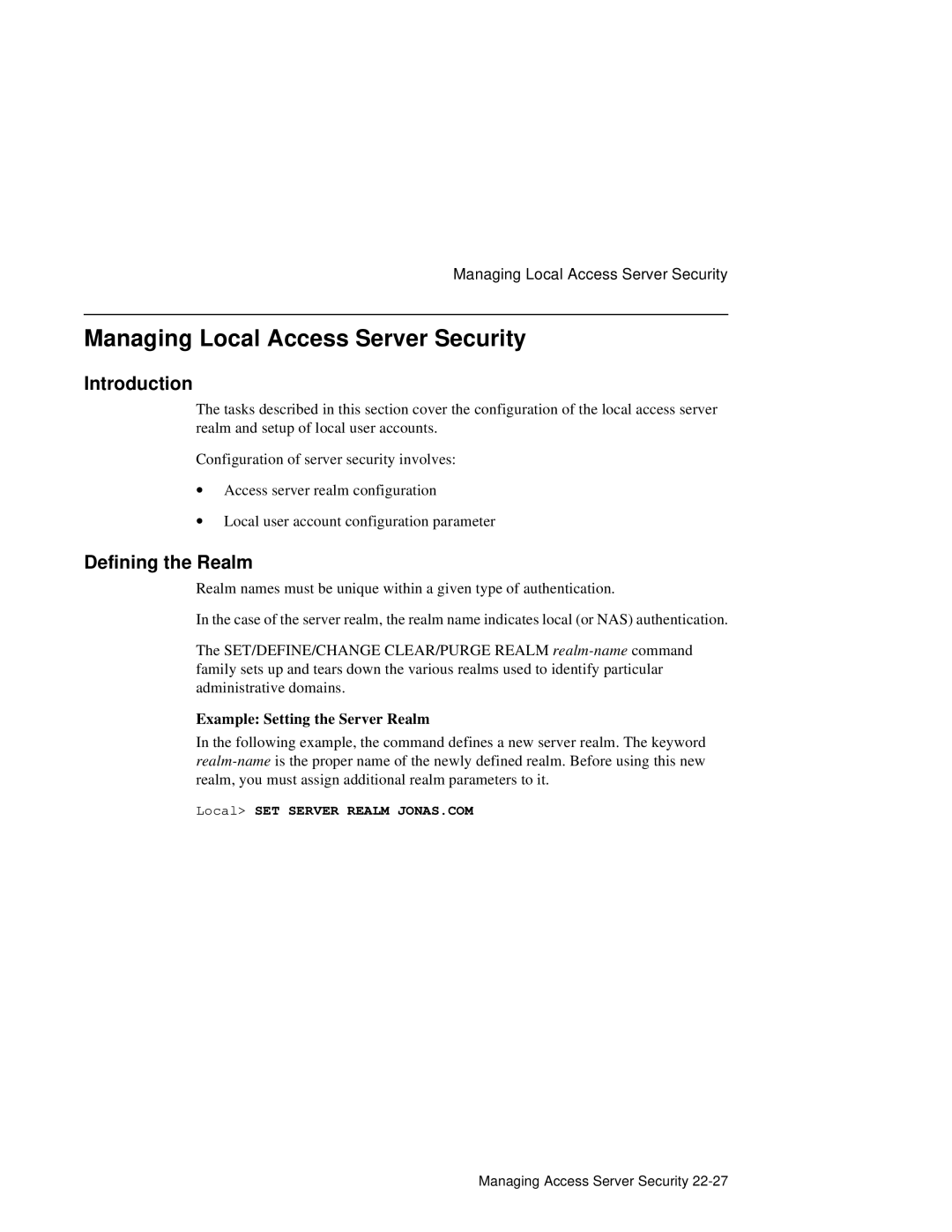 HP NetRider manual Managing Local Access Server Security, Defining the Realm, Example Setting the Server Realm 