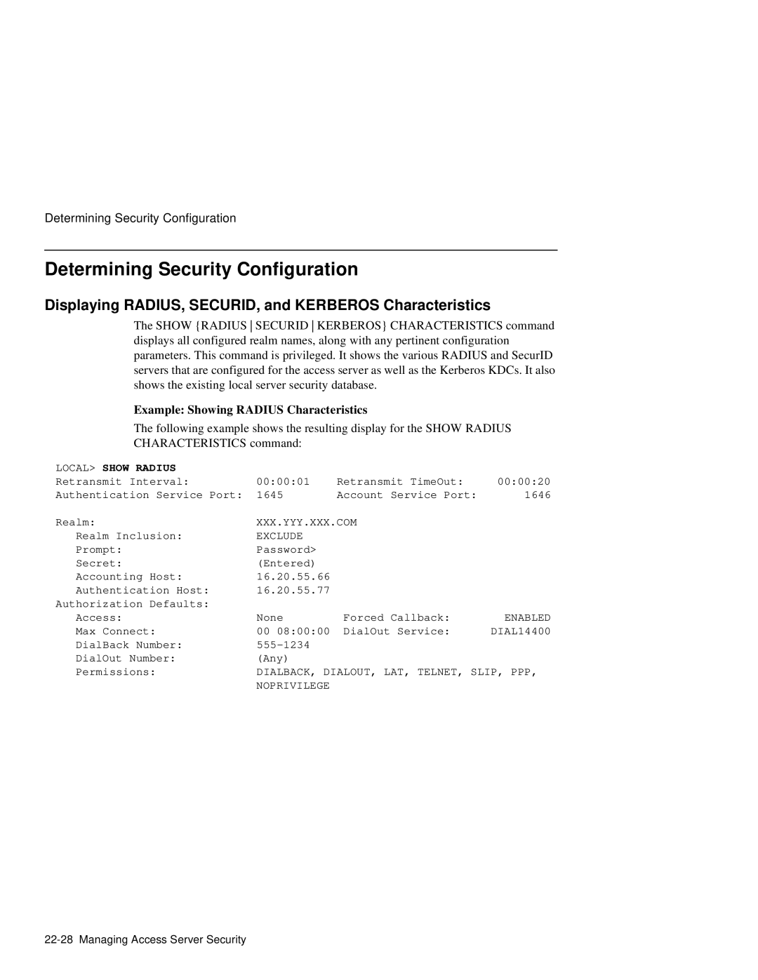 HP NetRider manual Determining Security Configuration, Displaying RADIUS, SECURID, and Kerberos Characteristics 