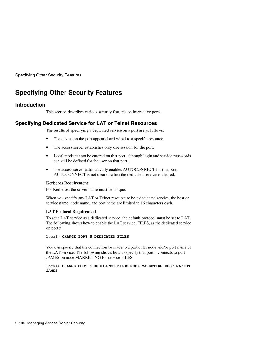 HP NetRider manual Specifying Other Security Features, Specifying Dedicated Service for LAT or Telnet Resources 