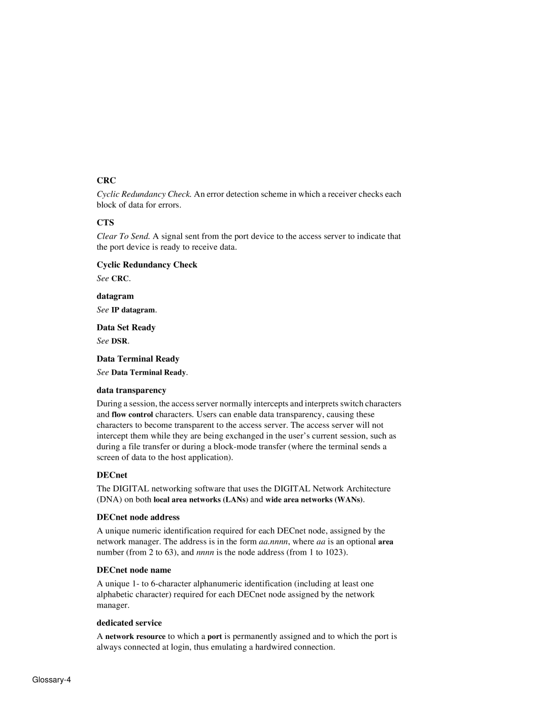 HP NetRider manual Cyclic Redundancy Check, Datagram, Data Set Ready, Data Terminal Ready, Data transparency, DECnet 