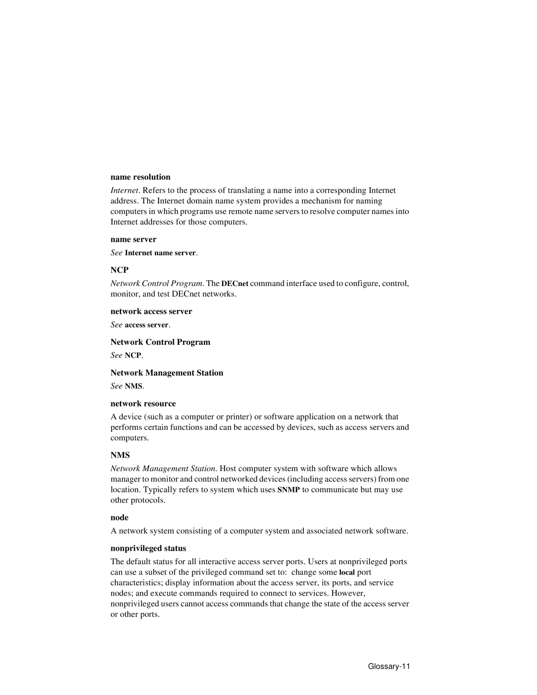 HP NetRider Name resolution, Name server, Network access server, Network Control Program, Network Management Station, Node 
