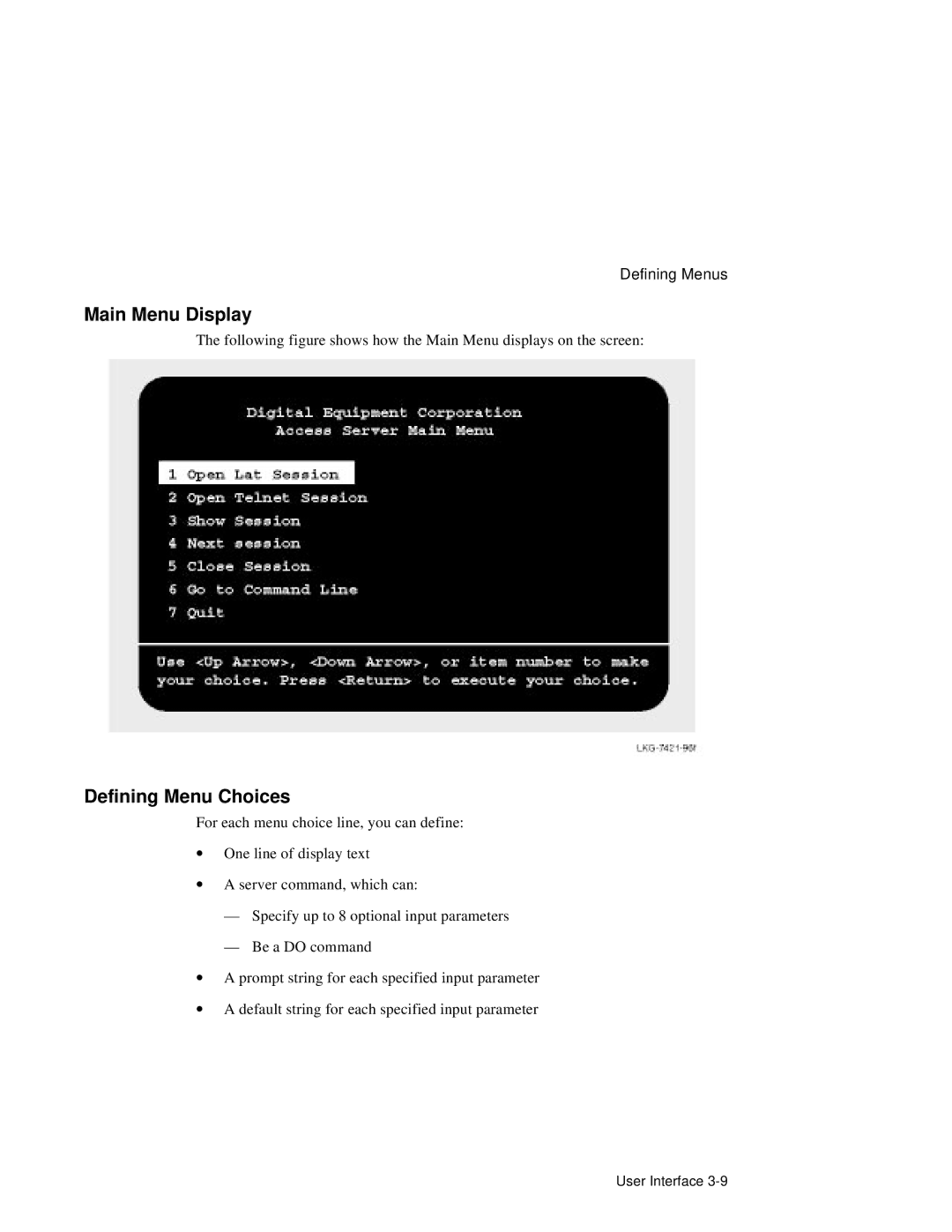 HP NetRider manual Main Menu Display, Defining Menu Choices 