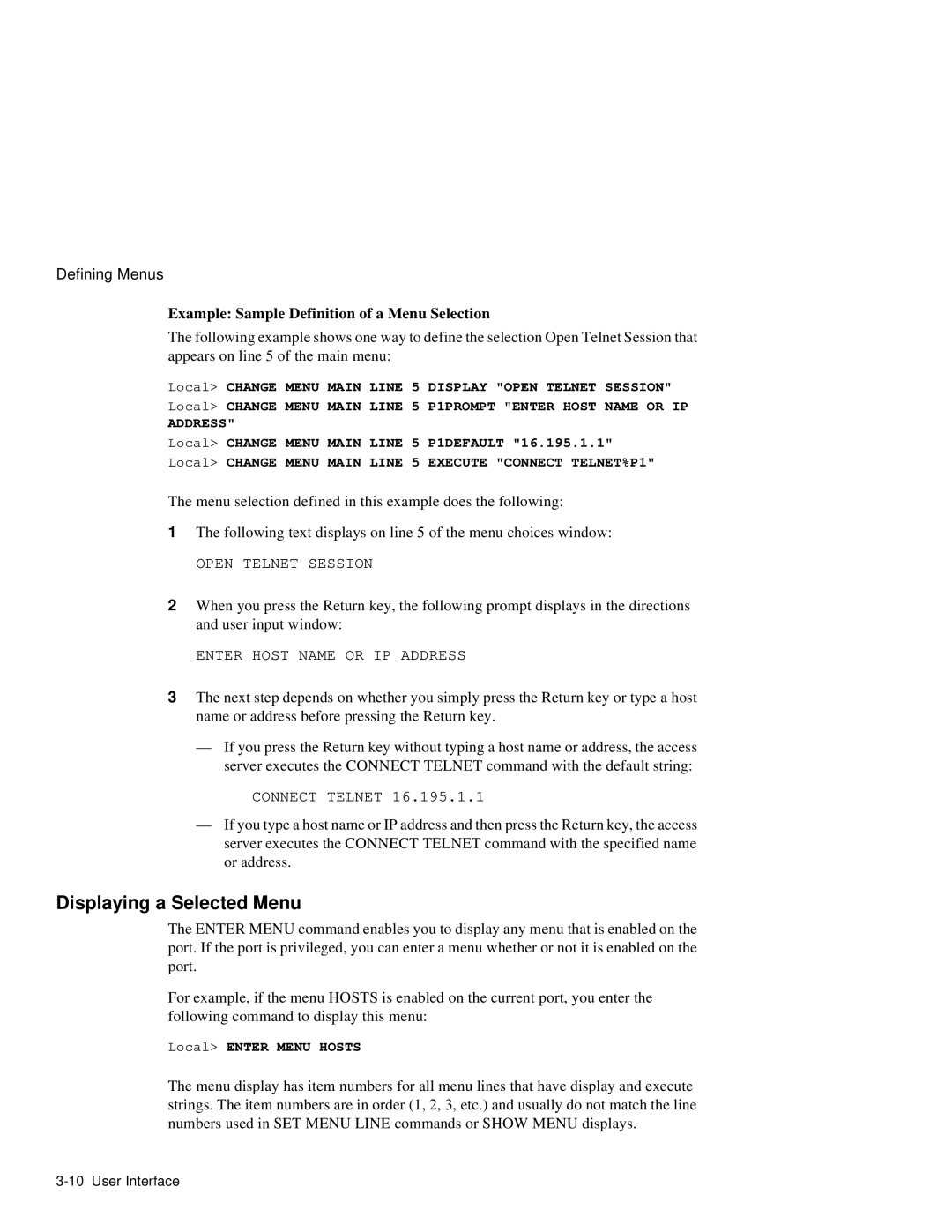 HP NetRider manual Displaying a Selected Menu, Example Sample Definition of a Menu Selection 