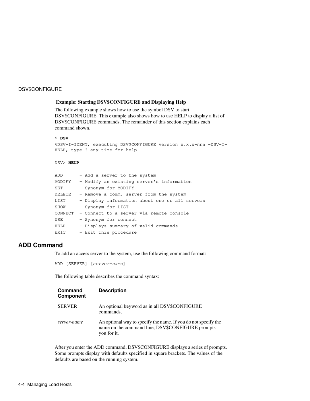 HP NetRider manual ADD Command, Example Starting DSV$CONFIGURE and Displaying Help, Command Description Component, Server 