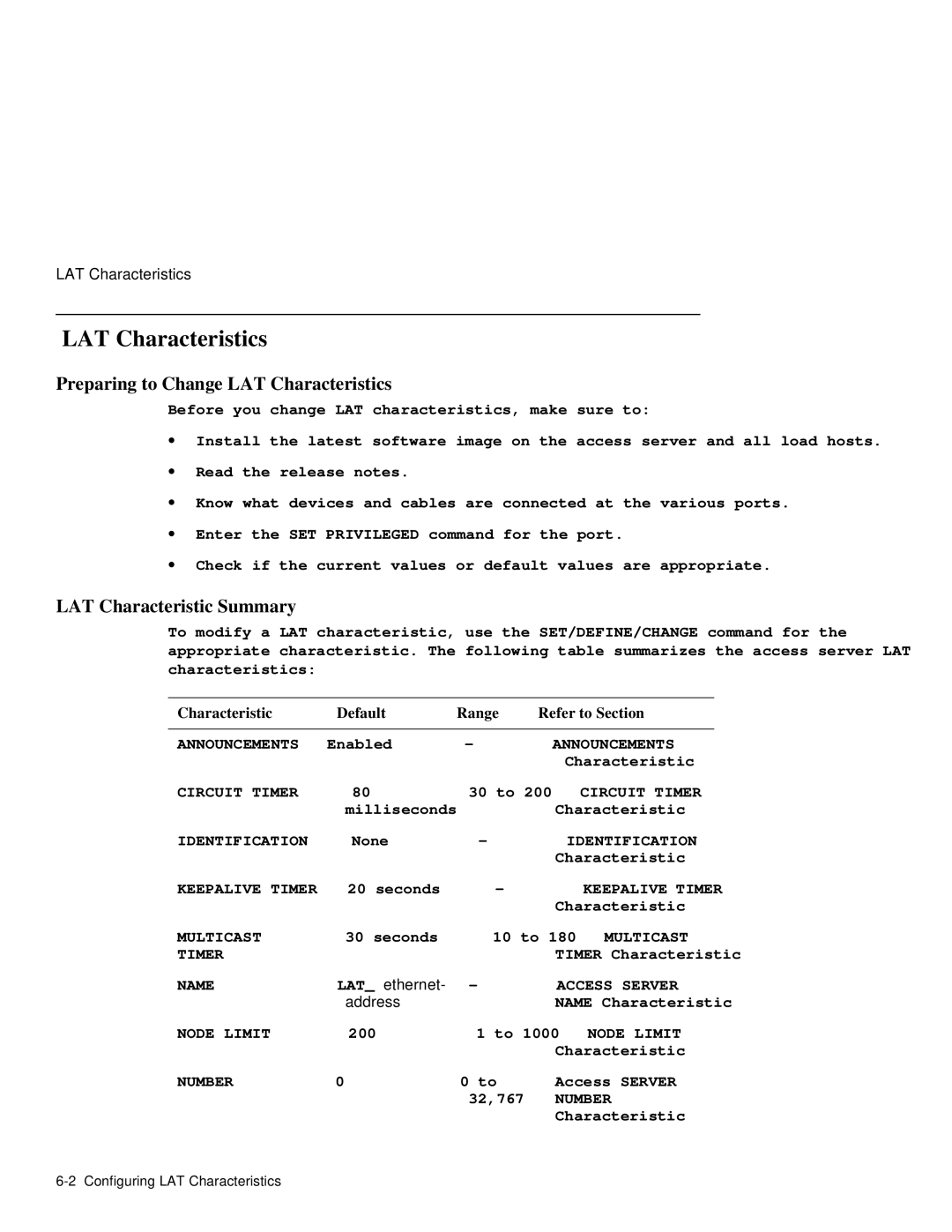 HP NetRider manual Preparing to Change LAT Characteristics, LAT Characteristic Summary 