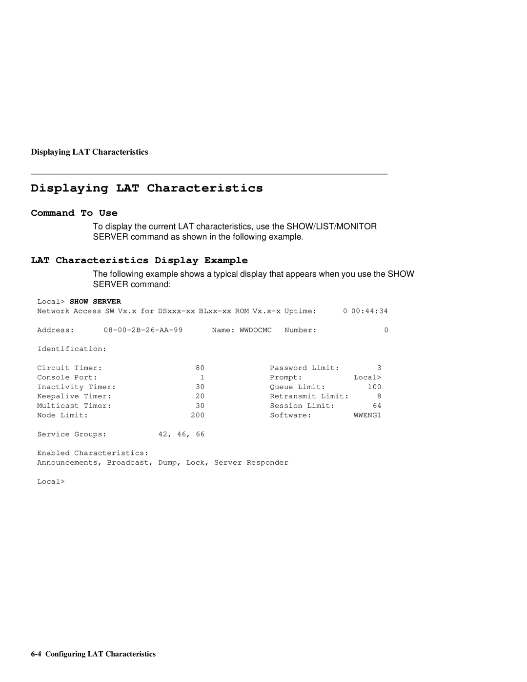 HP NetRider manual Displaying LAT Characteristics, Command To Use, LAT Characteristics Display Example 