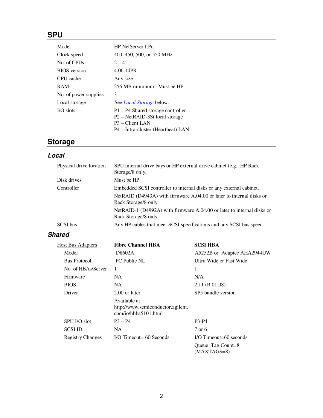 HP NETSAVER XP256 manual Storage, Scsi HBA 