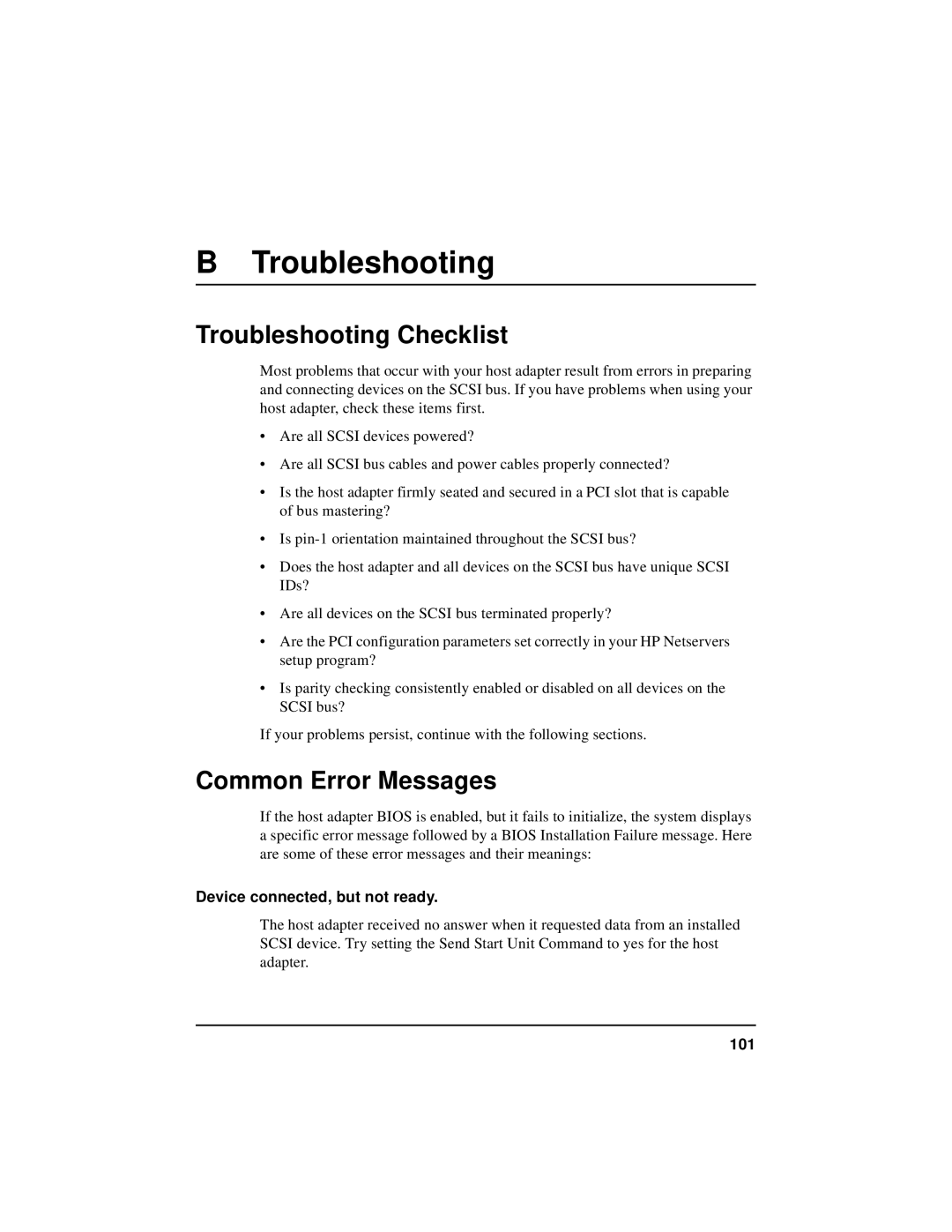 HP NetServer 5971-0821 manual Troubleshooting Checklist, Common Error Messages, Device connected, but not ready, 101 