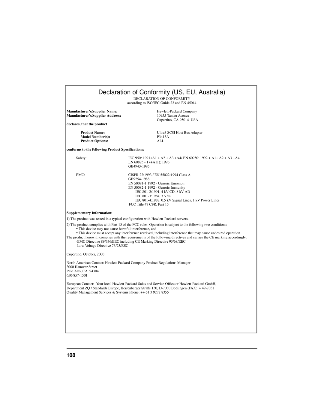 HP NetServer 5971-0821 manual Declaration of Conformity US, EU, Australia, 108 