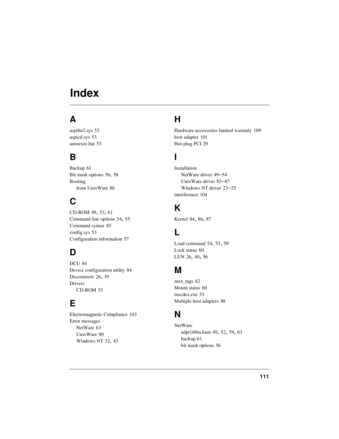 HP NetServer 5971-0821 manual Index, 111 