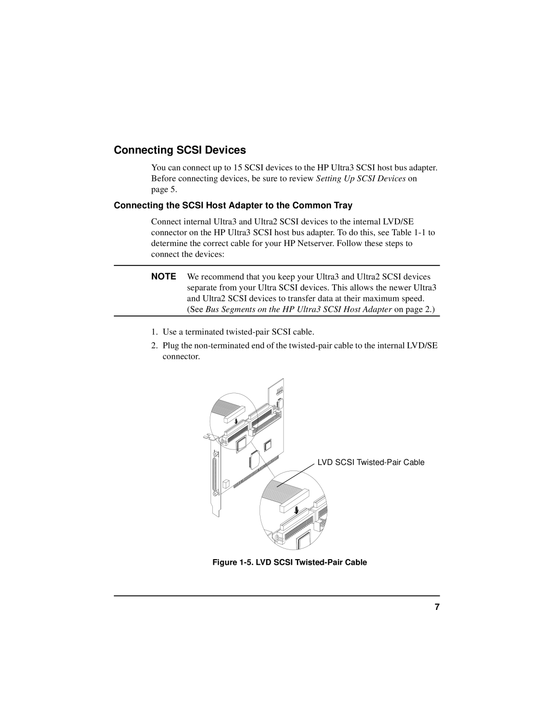 HP NetServer 5971-0821 manual Connecting Scsi Devices, Connecting the Scsi Host Adapter to the Common Tray 