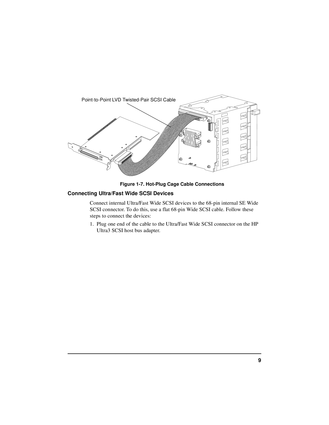 HP NetServer 5971-0821 manual Connecting Ultra/Fast Wide Scsi Devices, Hot-Plug Cage Cable Connections 