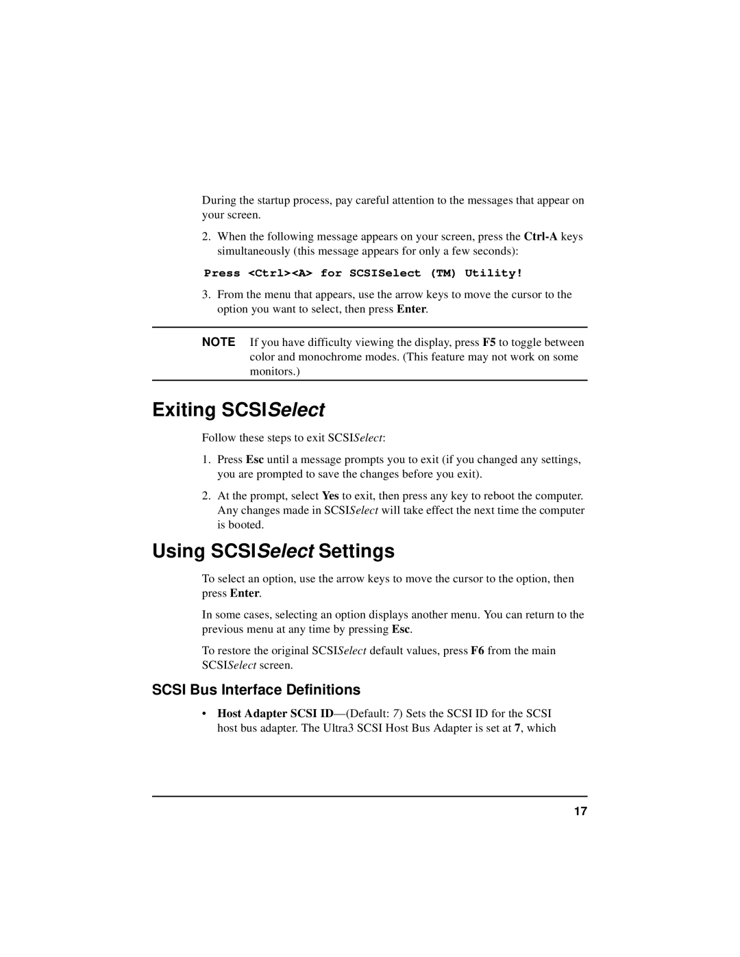 HP NetServer 5971-0821 manual Exiting SCSISelect, Using SCSISelect Settings, Scsi Bus Interface Definitions 